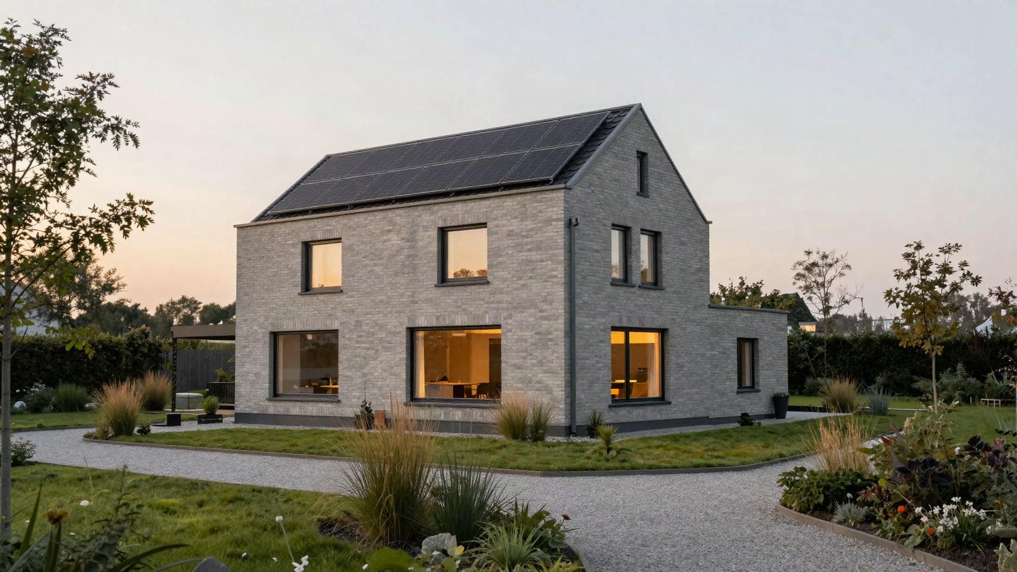 Modern vrijstaand huis met zonnepanelen in een rustige, groene omgeving